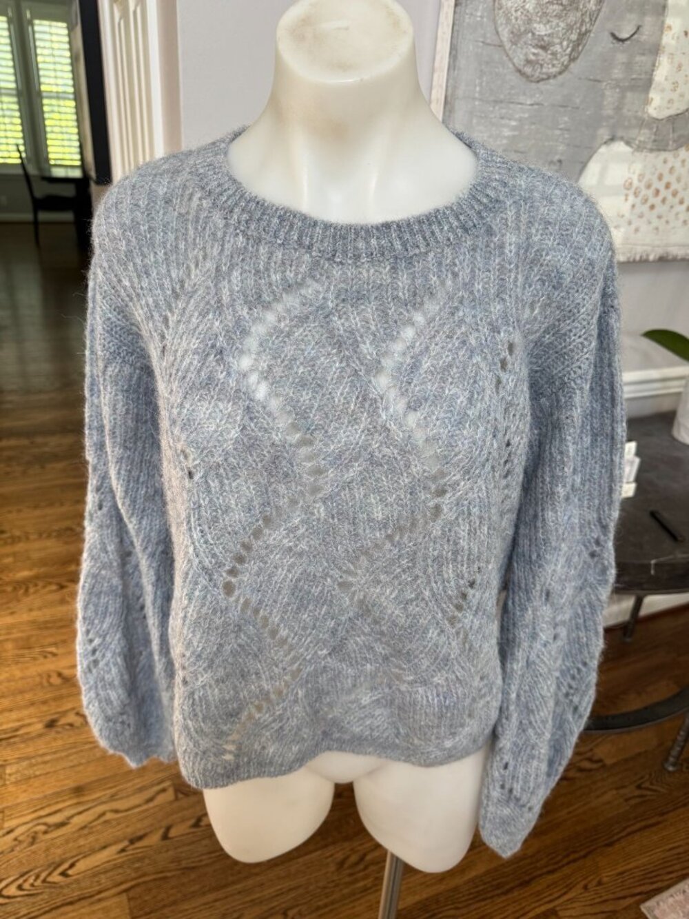 LILLA P Alpaca Blend Pointelle Knit Oversized Crew Sweater Blue Size XS